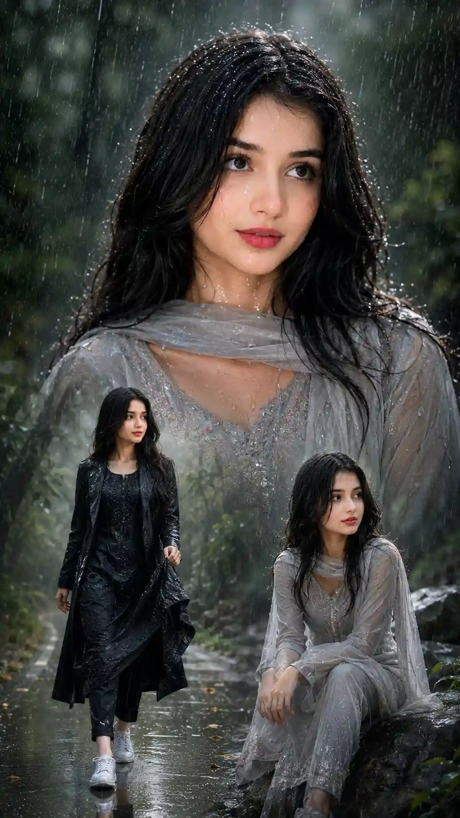 Cinematic Rainy Day Portrait Collage AI Prompt for Girls